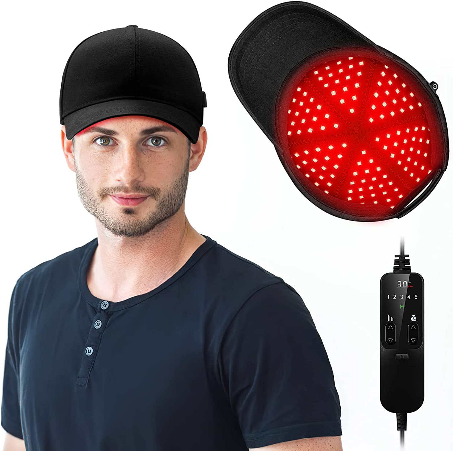 A man wearing a red light therapy cap with visible internal red LEDs; cap connects to a control panel showing timer and intensity controls